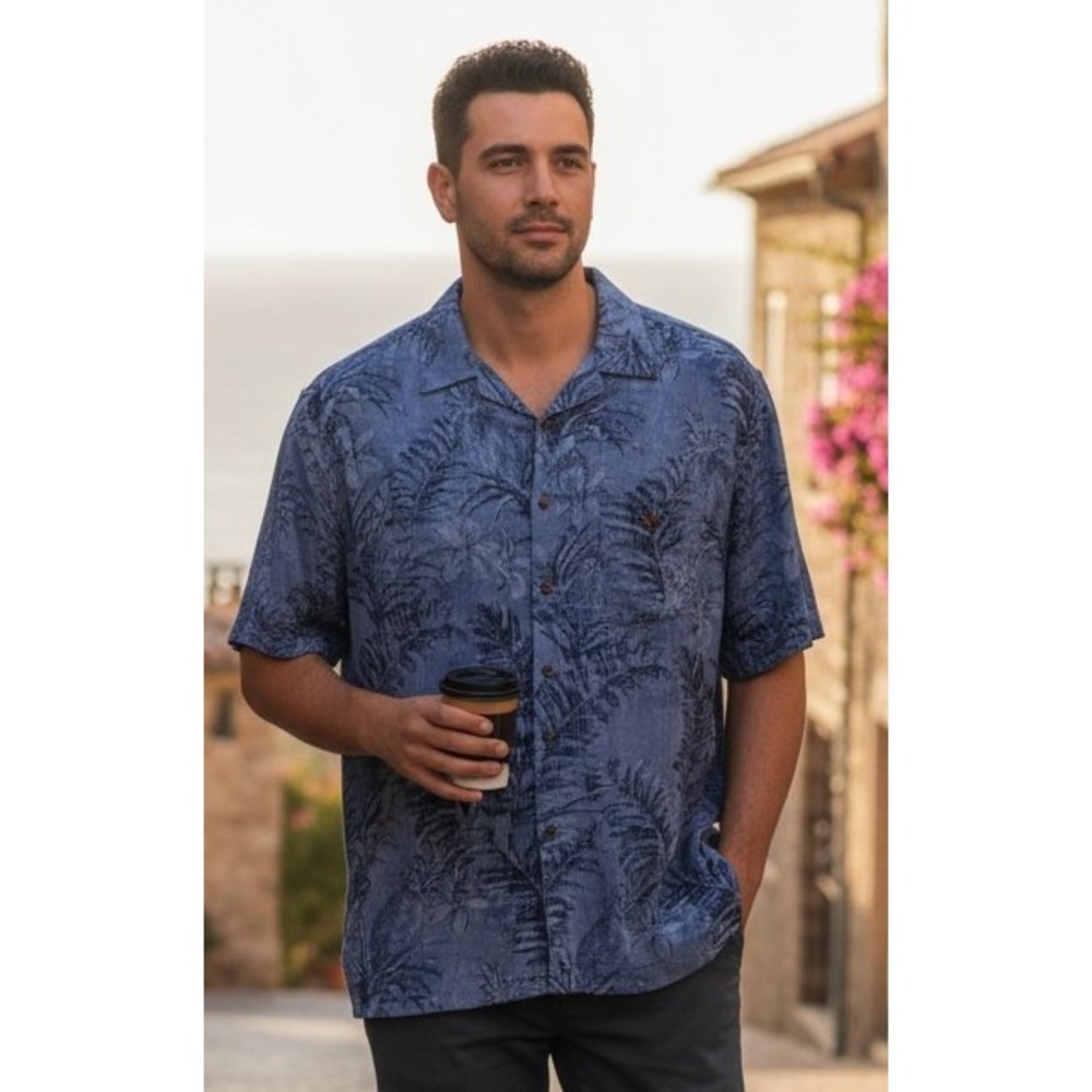 CAMPIA Blue Palm Leaf Hawaiian Shirt XL Tropical‎ Vacation Beach Cruise Casual
